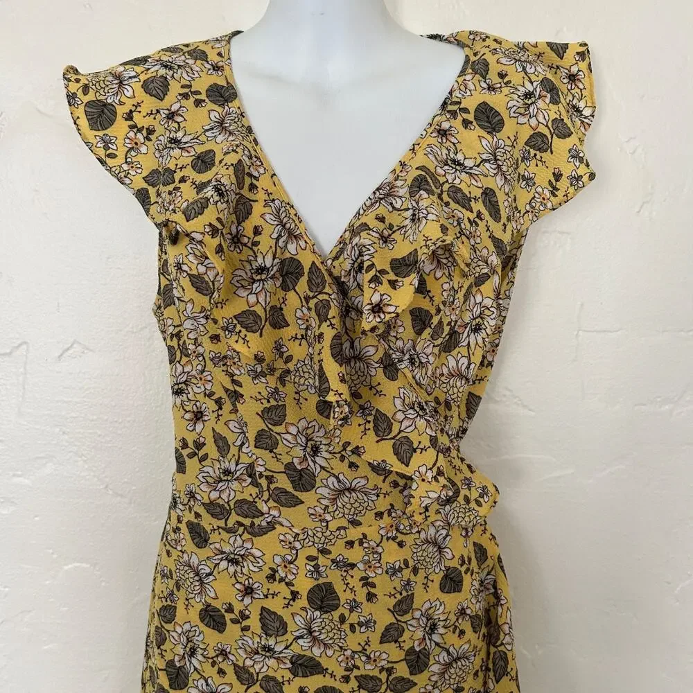 Max Studio Yellow Floral Boho Midi Wrap Dress Summer Spring Size Medium